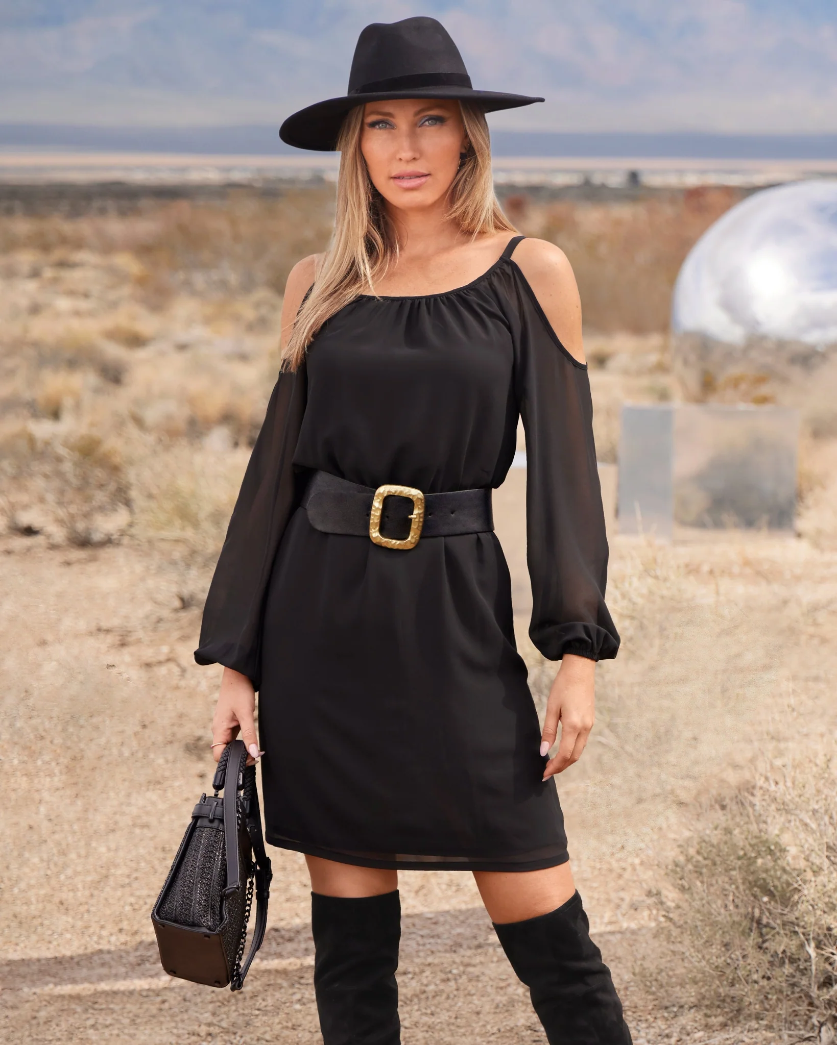 Versatile Scoop Neck Cold Shoulder Blouson Dress Black