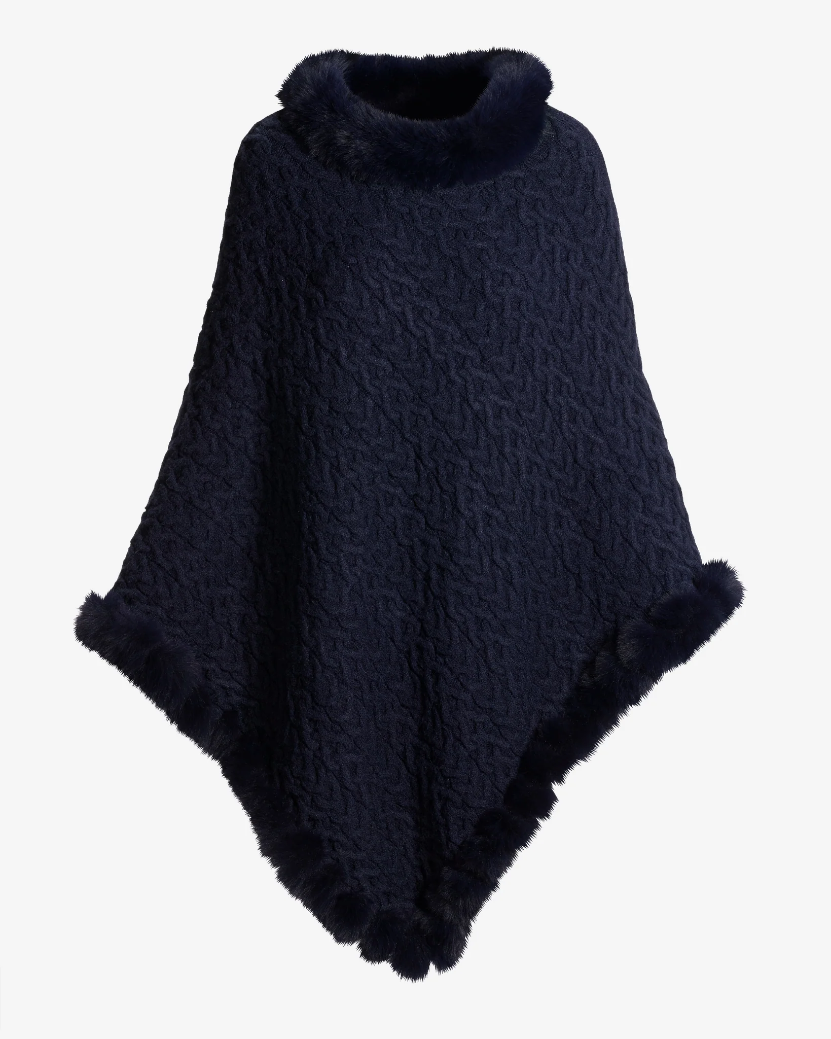 Cable Fur Trim Poncho Evening Blue