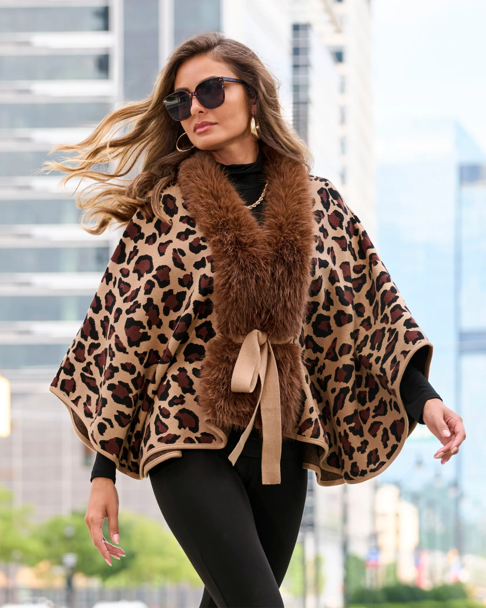 Animal Faux Fur Tie Waist Sweater Poncho Brown Multi