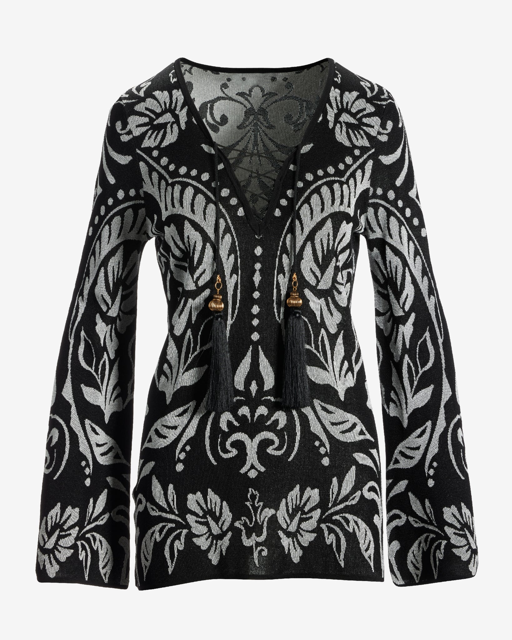 Abstract Lace Up Tunic Sweater Black/White