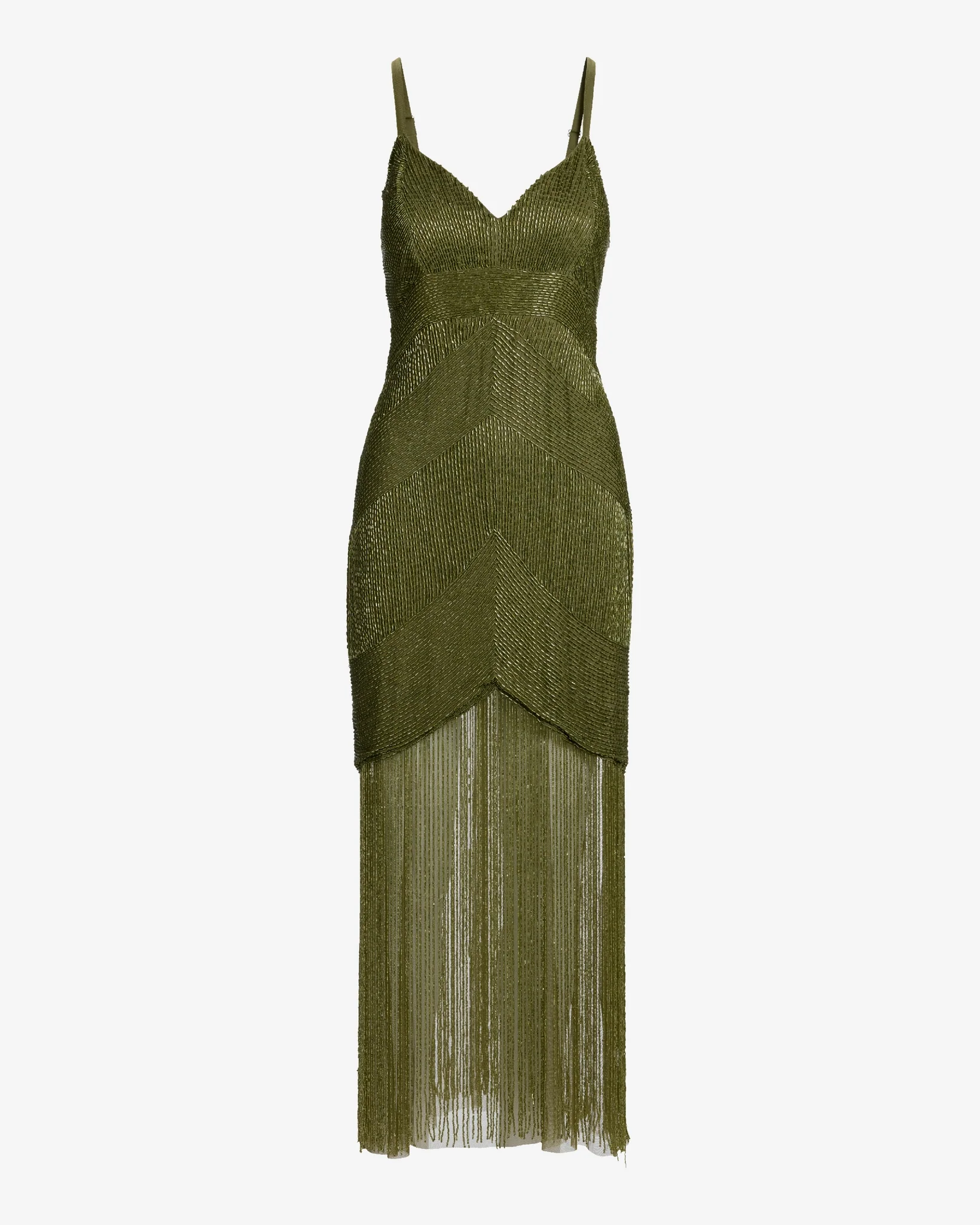 All Over Beaded Fringe Maxi Dress Olive