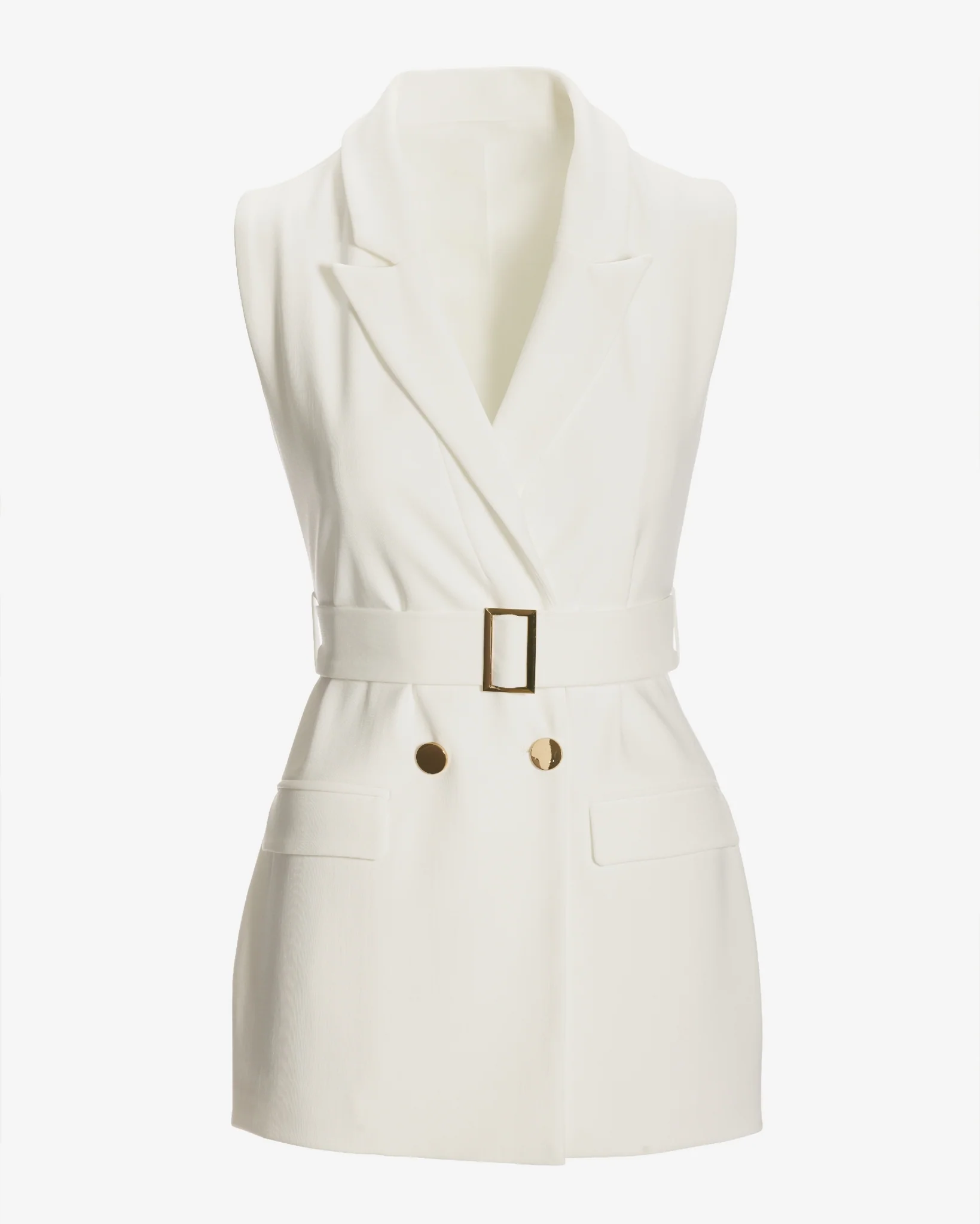 Beyond Travel Sleeveless Belted Blazer Ivory Coast